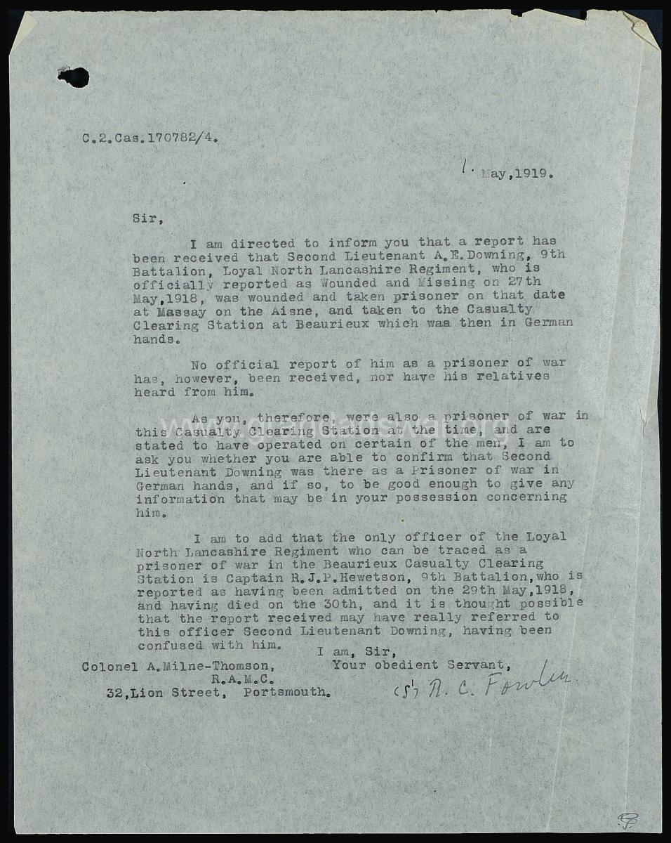 Letter to Col. Milne-Thompson