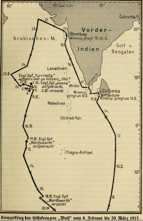 SMS Wolf Mine Laying Route Bombay-Colombo Feb-1917