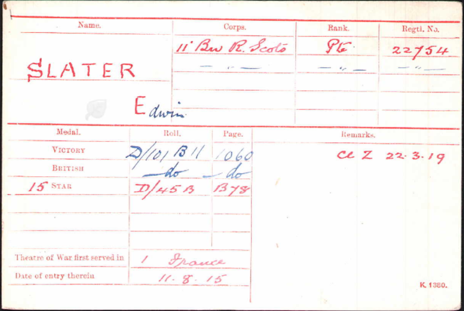 Edwin Slater Medal Index Card