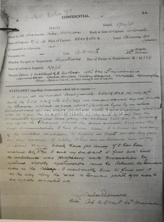 Col. Alexander Milne-Thompson Capture Statement from his Service Record