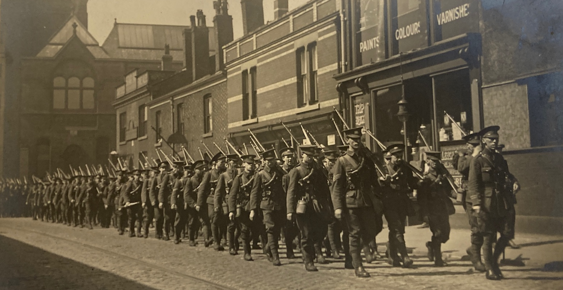 Capt. Ralph Lees Marching at the head of the 2/9th Battalion in Ashton, 1914