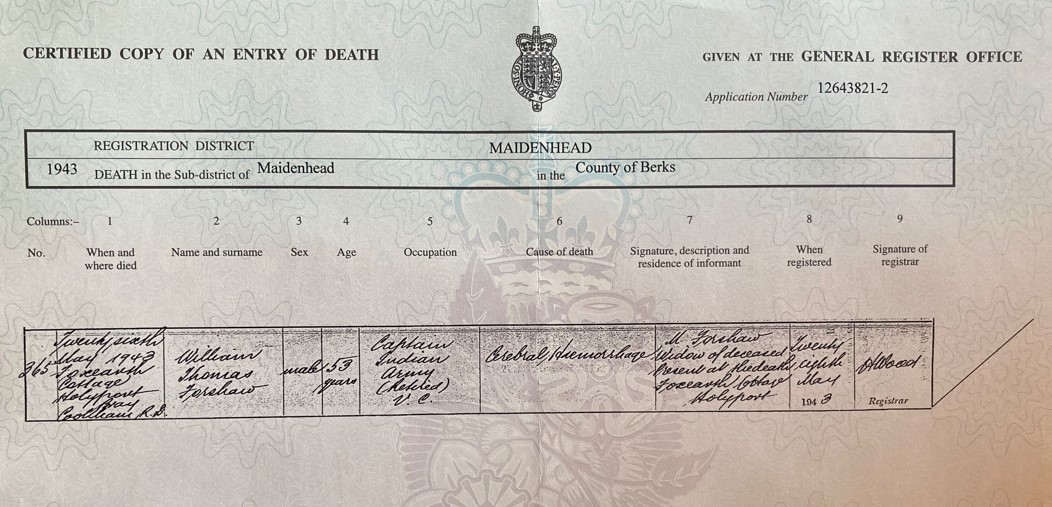 William Thomas Forshaw Death Certificate