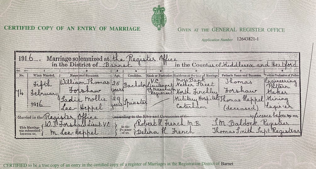 William Thomas Forshaw & Sadie Mollie Lee-Heppel Marriage Certificate