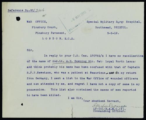 Letter from Col. Milne-Thompson