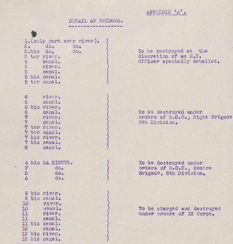 List of the 34 Bridges across the Aisne and Miette allocated to Royal Engineers