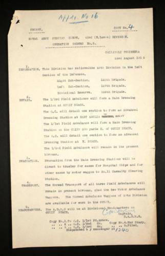 ADMS Orders Gallipoli Aug 1915