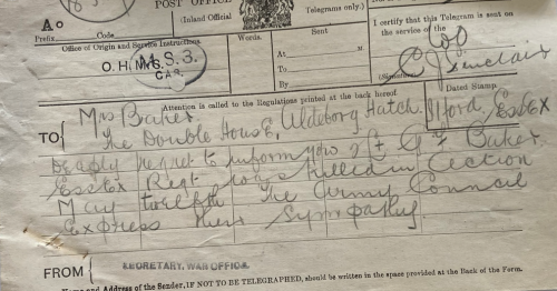War Office Telegram to Mrs. Lydia Laura Barker