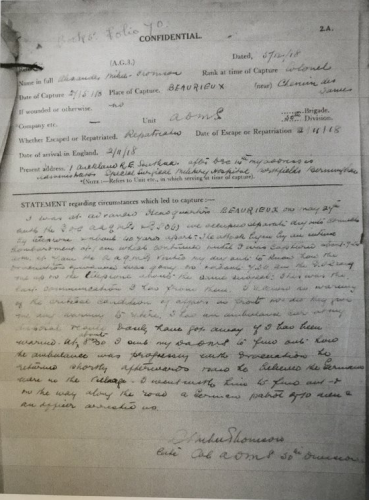 Col. Alexander Milne-Thompson Capture Statement from his Service Record